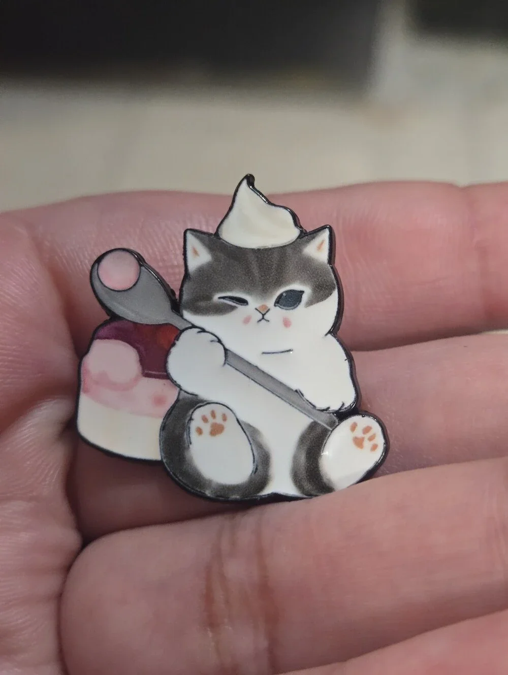 Cute Grey & White Cat Pin with Pink Dessert Accent